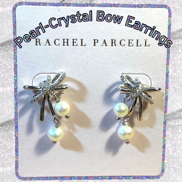 Rachel Parcell Designer Earrings ⭐️ NEW Pearl Crystal BOW PIERCED POST-ELEGANT - Picture 2 of 9